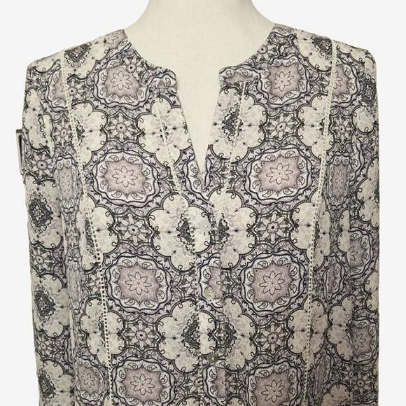 Daniel Rainn Toupe Patterned Split Neck Button Down 3/4 Sleeve Blouse Size S - Picture 3 of 6